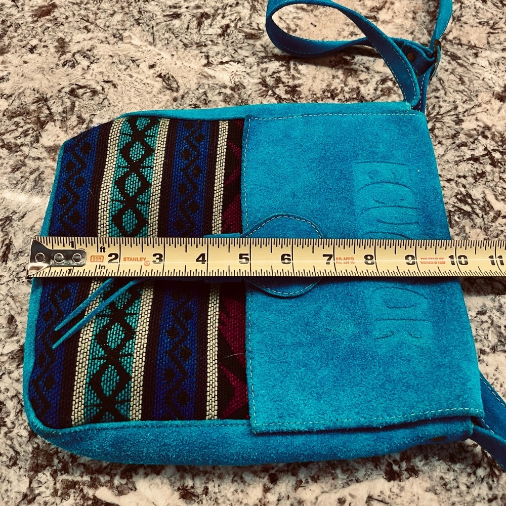 Vintage Teal/Blue Crossbody Suede Purse In Colorful BOHO Hippie Pattern - Picture 6 of 6